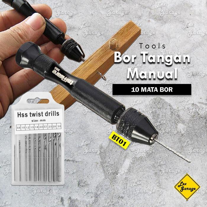 NEW - BOR TANGAN MANUAL MINI HAND DRILL + 10 MATA BOR SET KAYU BESI HSS