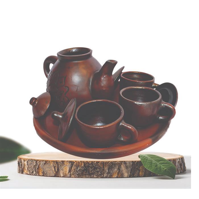 Set Teko Poci Cangkir Teh Tatakan Gerabah Tanah Liat Natural Coklat Kayu Peralatan Tea Handmade