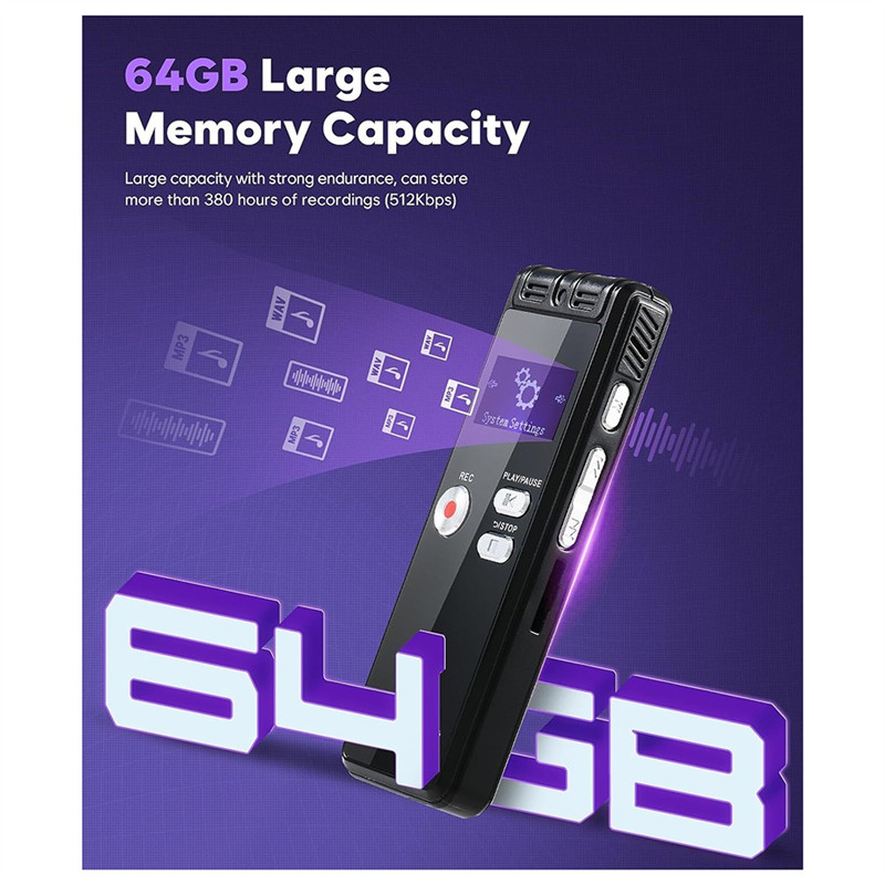 B68C 64GB Digital Voice Activated Recorder With Playback - 3072Kpbs HD Dual MIC Tape Recorder For