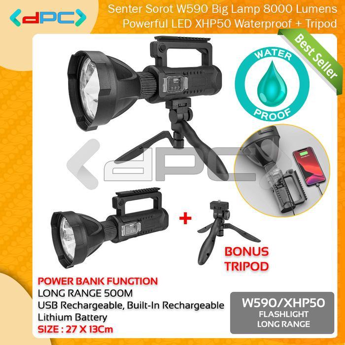 Senter W590 Big Lamp 8000 Lumens Powerful LED XHP50 Waterproof Tripod