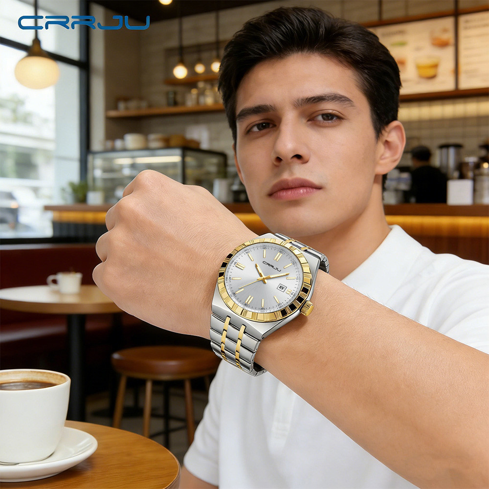CRRJU Original Waterproof Men's Watches Quartz Watch for Man Luminous Stainless Steel Wristwatch