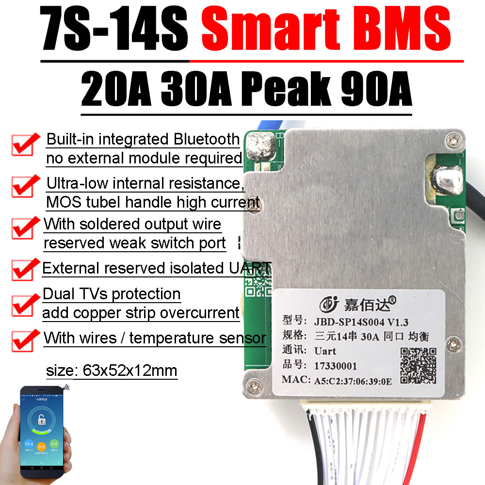 Bluetooth Smart 7S to 14S 13S Lithium Battery Protection Board BMS Balance charging 24V 36V 48V 52V