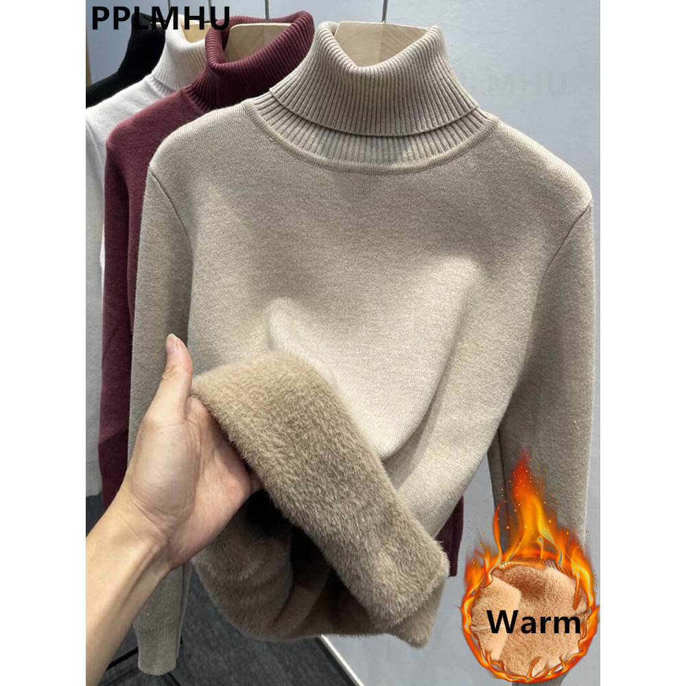 Thicken Velvet Turtleneck Sweater Women Korean Fashion Lined Warm Sueter Knitted Pullover Slim Top