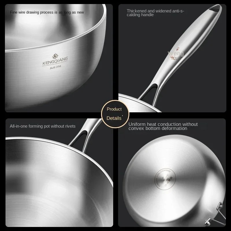 Stainless Steel Frying Pan 316 Stainless Steel Flat Bottomed Frying Pan Deep Uncoated Induction