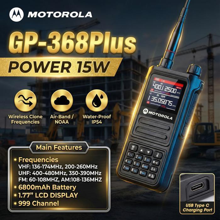 Ada Stok Walkie Talkie HT Motorola GP368 PLUS 15W, Jangkauan Hingga 20 Km, Tahan Air IP54, Baterai