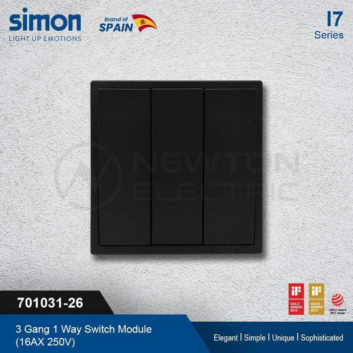 Simon I7 Black - Saklar 3 Gang 1 Way - Hitam (Tanpa Frame)