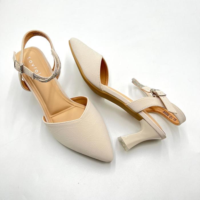 Laviola 4698 HSS Sandal Hak Wanita Tinggi 6 cm Warna Hitam dan Beige - Beige, 40 - Sepatu High Heels