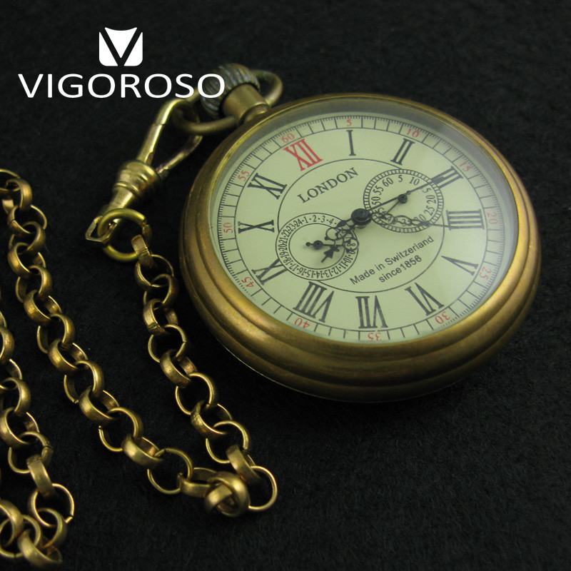 VIGOROSO Collectible Antique Old Copper Mechanical Pocket Watch FOB Chain Hand Winding Roman