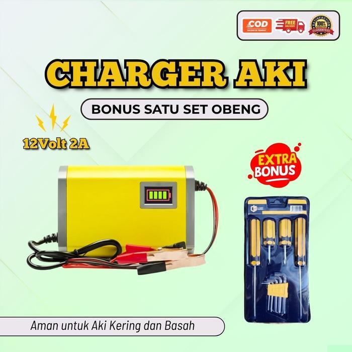 [BONUS SET OBENG] CHARGER AKI MOBIL MOTOR 12 V 2 A, CAS AKI KERING BASAH, CAS AKI MOTOR MOBIL