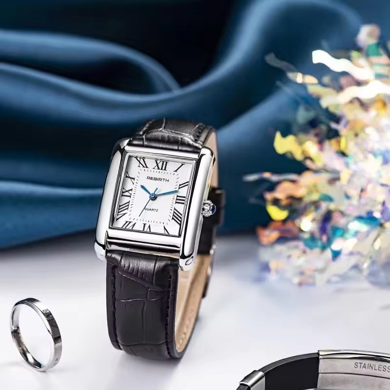 REBIRTH 002 Elegant Women's Quartz Watch Simple Square Dial Leather Strap Waterproof Women's