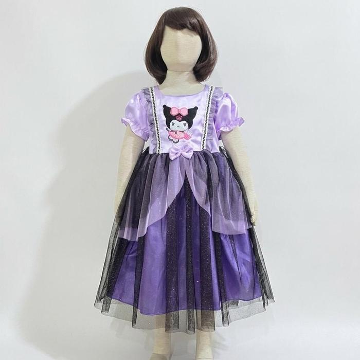 Baju Ultah Dan Bando Mahkota Anak Dress Anak Perempuan Motif Kuromi Lengan Pendek Usia 3 - 8 Tahun