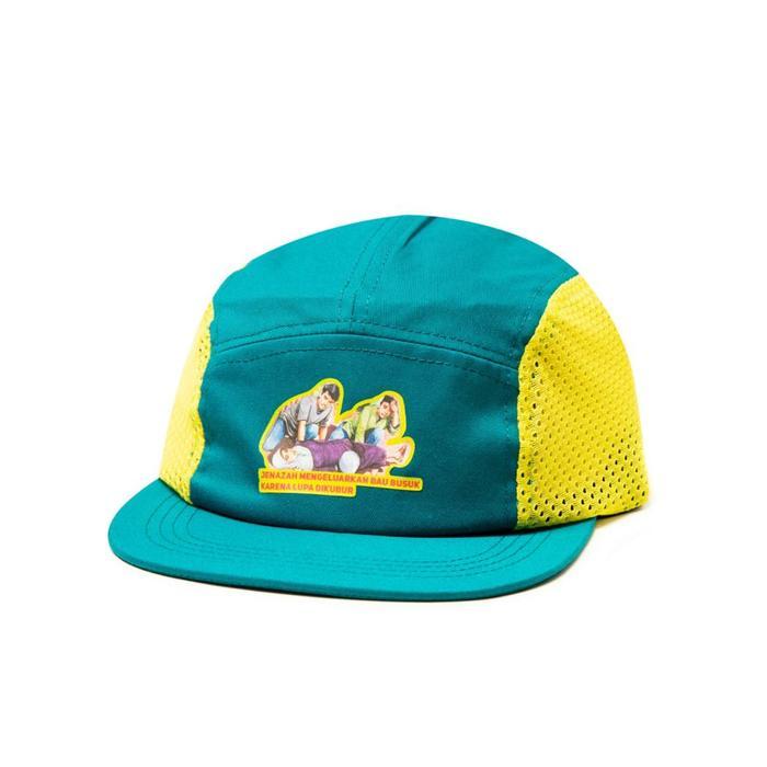 Kamengski Lupa Dikubur Topi 5 Panel Snapback Twill Hijau Mesh Kuning Grafis DTF Lingkar Adjustable D