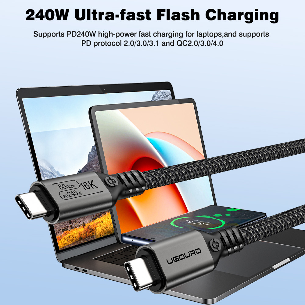 UGOURD 80Gbps Thunderbolt 5 Cable Certified Chip USB-C Thunderbolt5 2m 0.3m 120Gbps 240W 16K for
