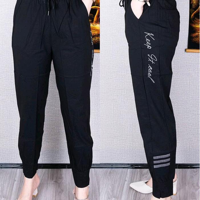 Fitras - Celana Panjang Jogger Wanita Kombinasi Bordir Katun Stretch Import. Sport Joger