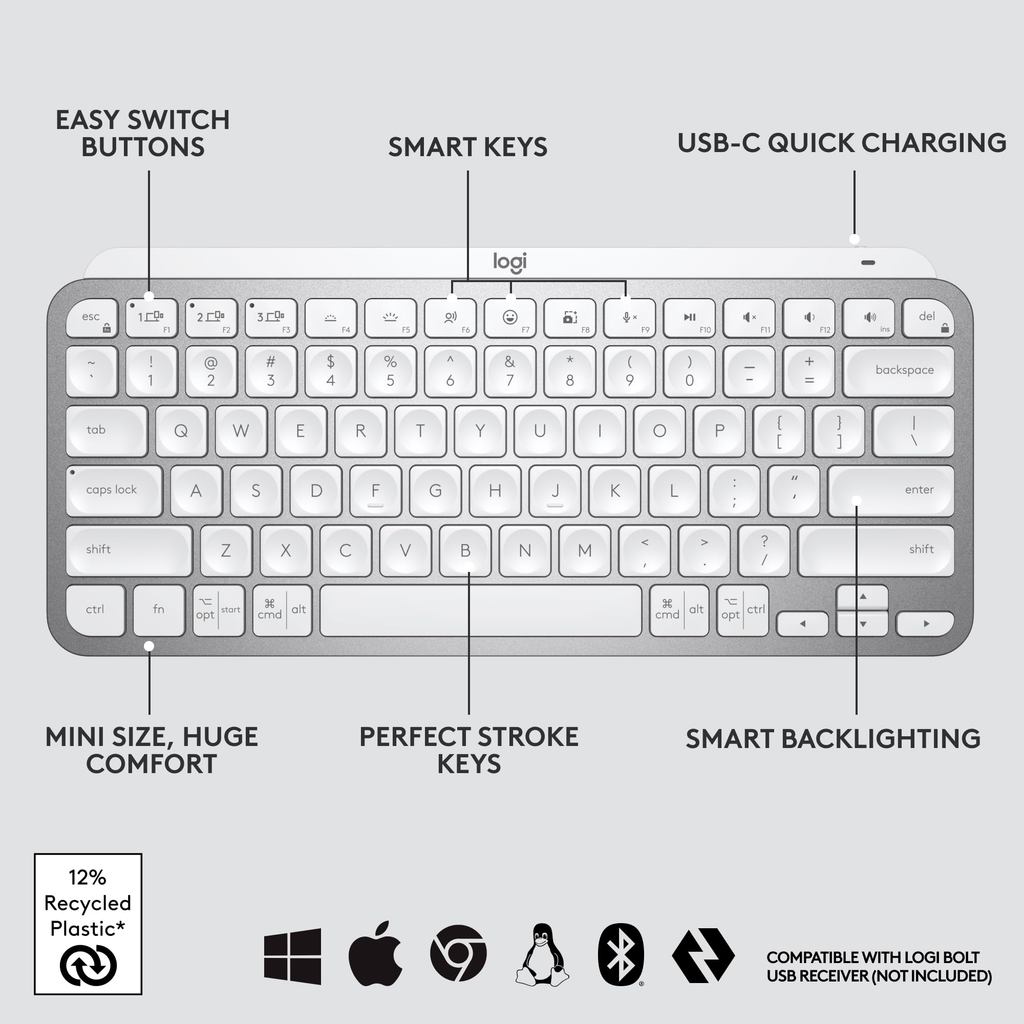 Logitech MX Keys Mini Minimalist Wireless Illuminated Keyboard,, Bluetooth, Backlit, USB-C,