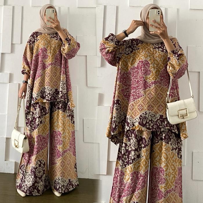 Promo Sarah Setelan Blouse Batik Jumbo Dan Celana Kulot Bahan Katun Rayon Motif Batik Adem Nyaman