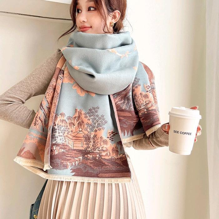 Syal Cashmere 2 sisi premium Quality flower High Grade Cashmere Selendang kain fleece cuci kering