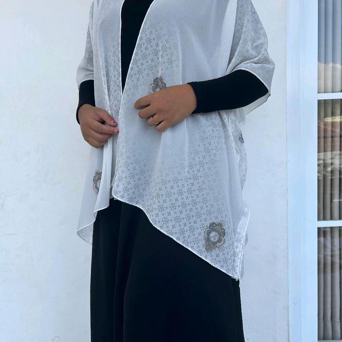 Outer Scarf Batwing Motif Penuh Lengan Kelelawar Kardigan Wanita Kasual Warna Putih