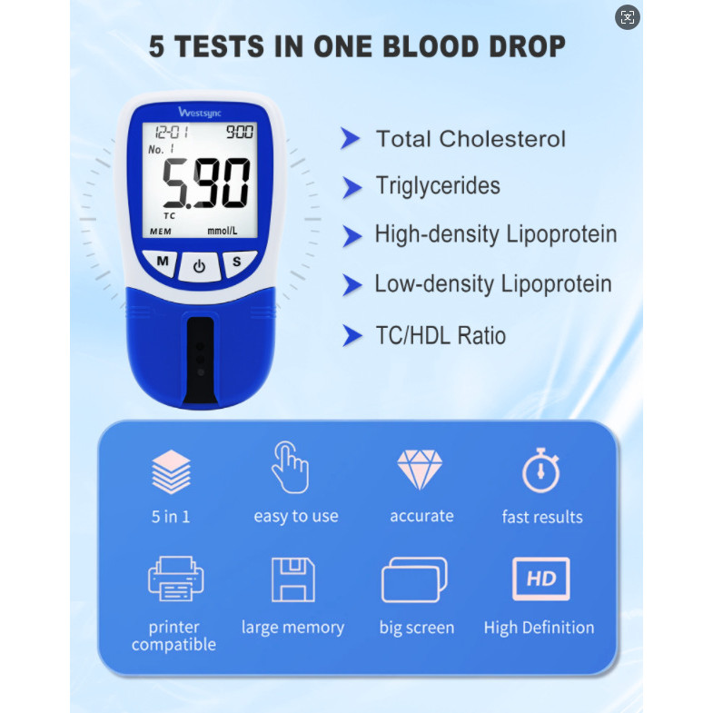 5 In1 Blood Lipid Analyzer Total Cholesterol (TC)&High Density Lipoprotein Cholesterol (HDL)