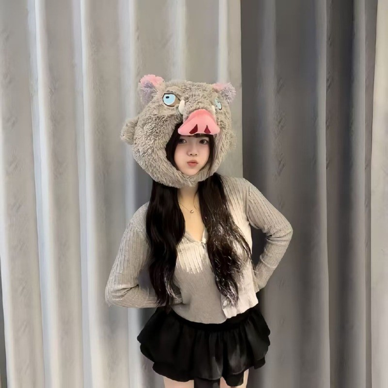 Anime Demon Slayer Plush Cotton Hat Cap Inosuke Cosplay Unisex Soft Comfortable Caps Accessories