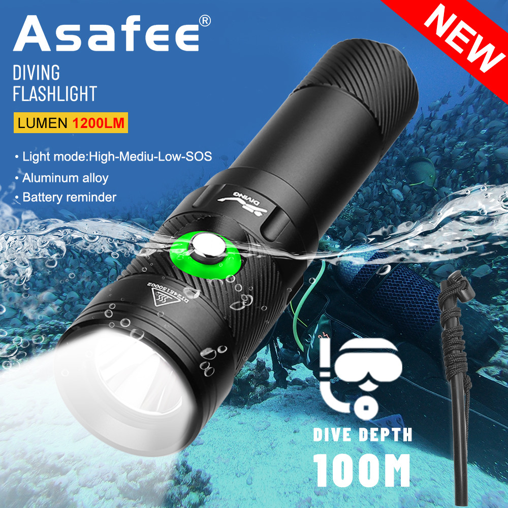 Asafee DT18 LED Professional Diving Light 100M Depth Scuba Dive Flashlight Use 18650 Battery Lamp