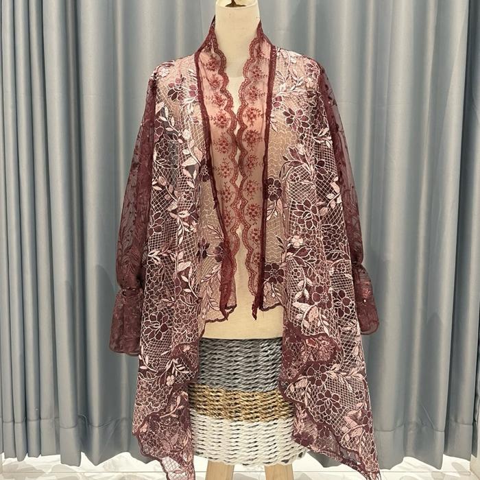 Cardigan Outer Wanita Bahan Tile Motif Brukat Bunga 3D Aksen Renda LD All Size Max 130 cm Warna Maro