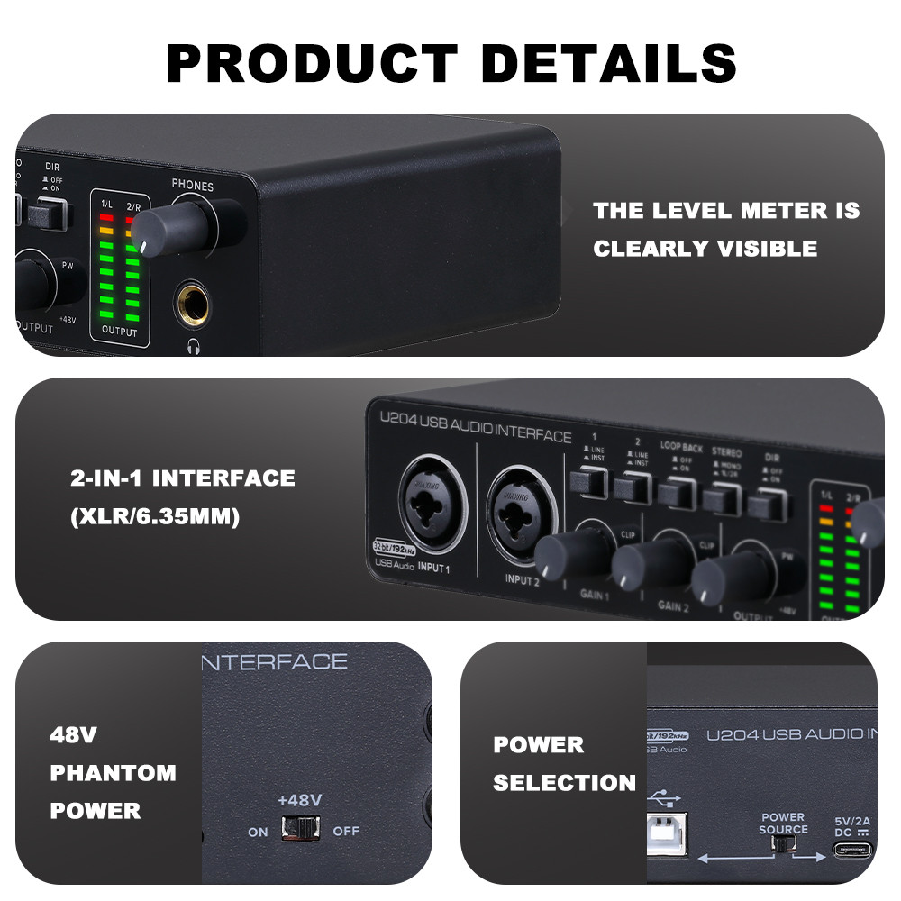 BOMGE U204 USB 2x2 Guitar Audio Interface for PC Computer Recording Music 32Bit/192kHz with 48V