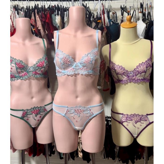 Bra Set Transparan Kawat Warna Hijau Biru Langit Ungu - Ukuran S M L XL