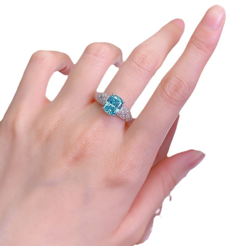 Luxury 18K Solid Platinum PT950 certifid Paraiba 7*9mm Square High Carbon Diamond Ring Ring Fashion