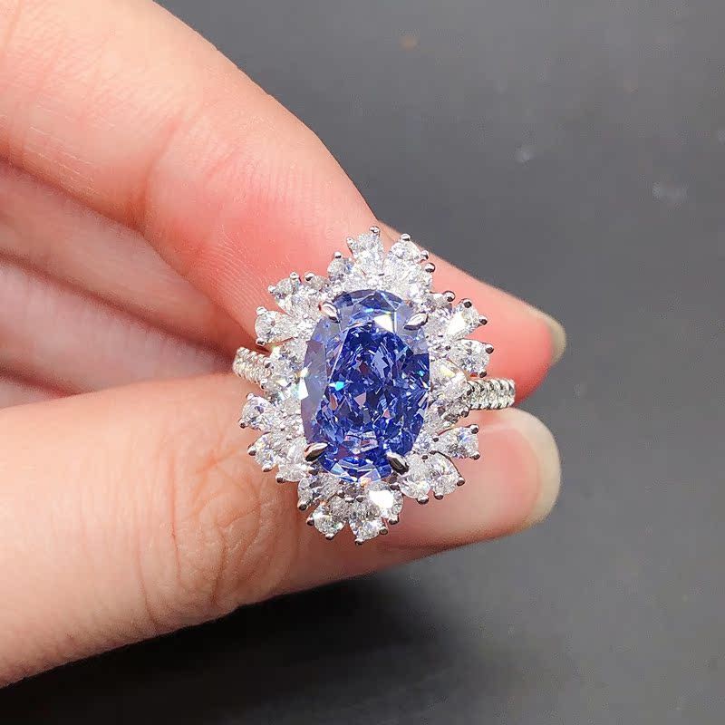 Luxury Solid Platinum PT950 Women's Blue 4 karat Oval Diamond Ring