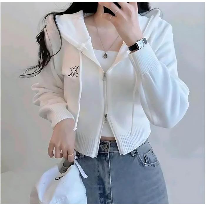 Ss Jacket Doubel Zipper Crop Top Style Atasan Wanita Korean Blouse Cewek Skena Hoodie Chic Hoodies &