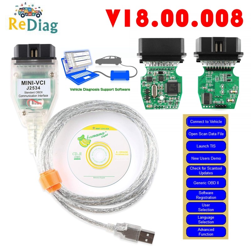 MINI VCI V1.4.1 TIS Techstream V18.00.008  FOR TOYOTA TIS Techstream FT232RL Chip J2534 OBD2 Diagnos