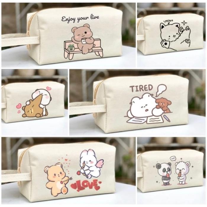 (baru) POUCH Kosmetik Pensil ATK Bahan Dinnir / storage cream bear lucu imut varian makassar Tempat