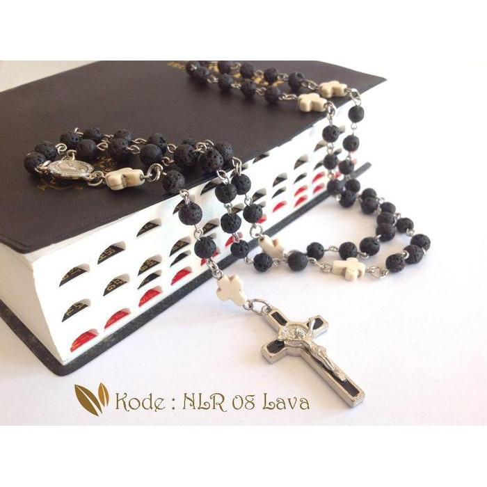 Kalung Rosario Batu Lava 6mm Salib Putih White Marble