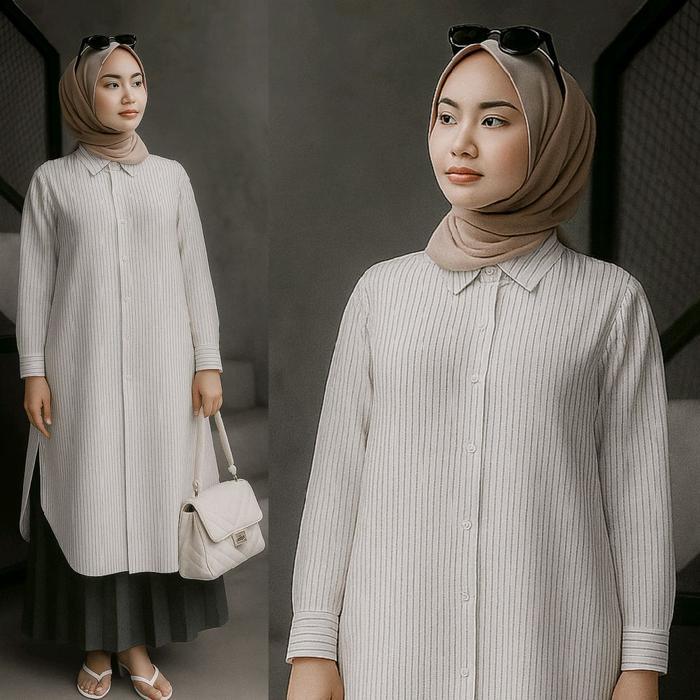 Poply Long Tunik Strip Atasan Tunik Panjang Muslim Remaja Wanita Katun Motif Salur Terlaris