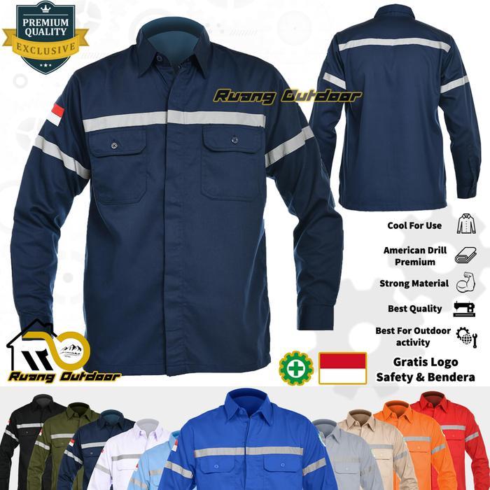 Baju Atasan Kemeja Safety K3 Outdoor Premium Lengan Panjang Navy