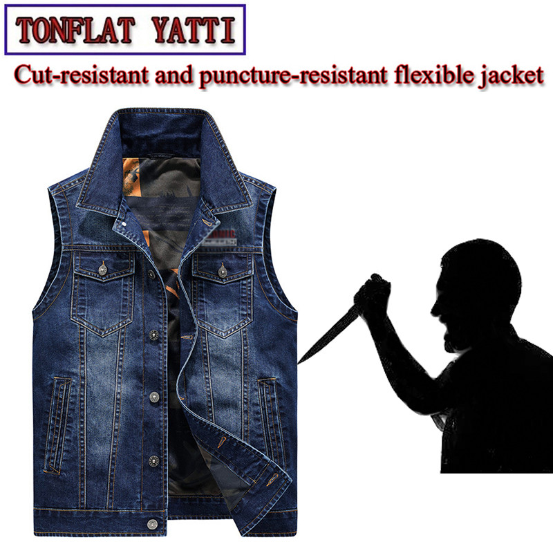 New Summer Men Anti-Cut Denim Vest Plus Size Self-Defense Hacking Tools Tactico Clothing Fbi Swat