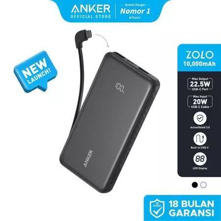 Anker Zolo Powerbank 10000Mah 3 Port Usb Type A/C Airplane Friendly Pesawat Built-In Type-C Cable
