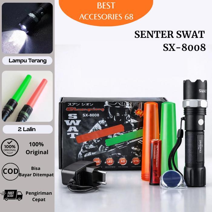 Aoki - Senter Swat Police Led Flashlht 80 Baterai Charger lampu Hijau Kuning