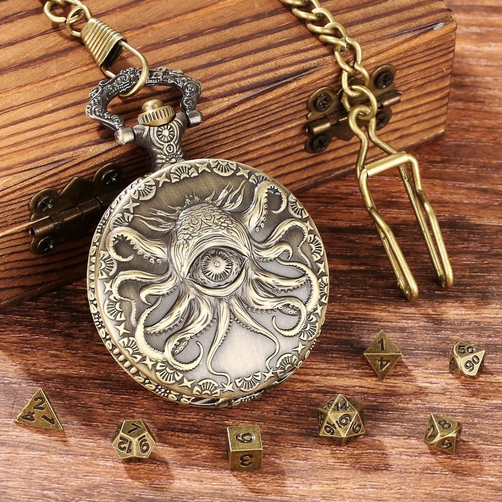 Octopus Metal Dice Case Vintage Cthulhu Pocket Watch DND Dice One eyed Octopus Pocket Watch box Dice