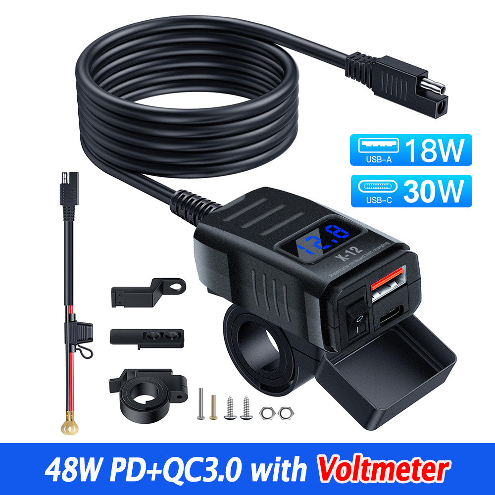 Waterproof Motorcycle Handlebar Charger 48W PD QC3.0 Dual Port Power Socket with Switch & Voltmeter