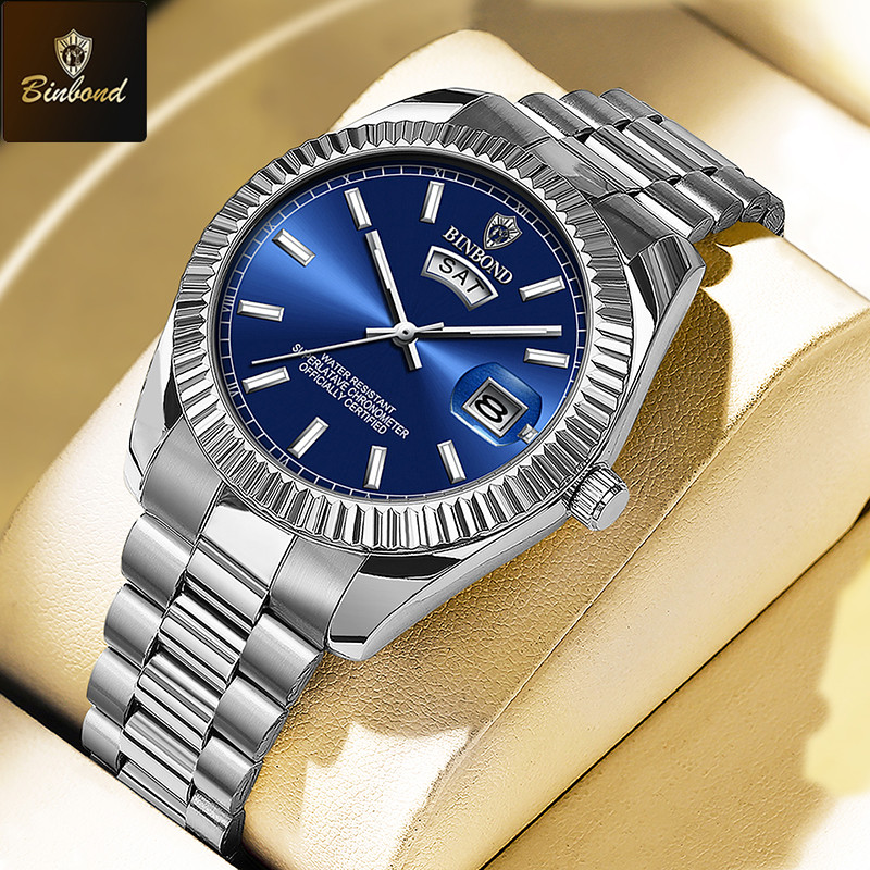 BINBOND Mens Quartz Watch Top Brand Sports Quartz Mens Watches Stainless Steel Waterproof Date Week