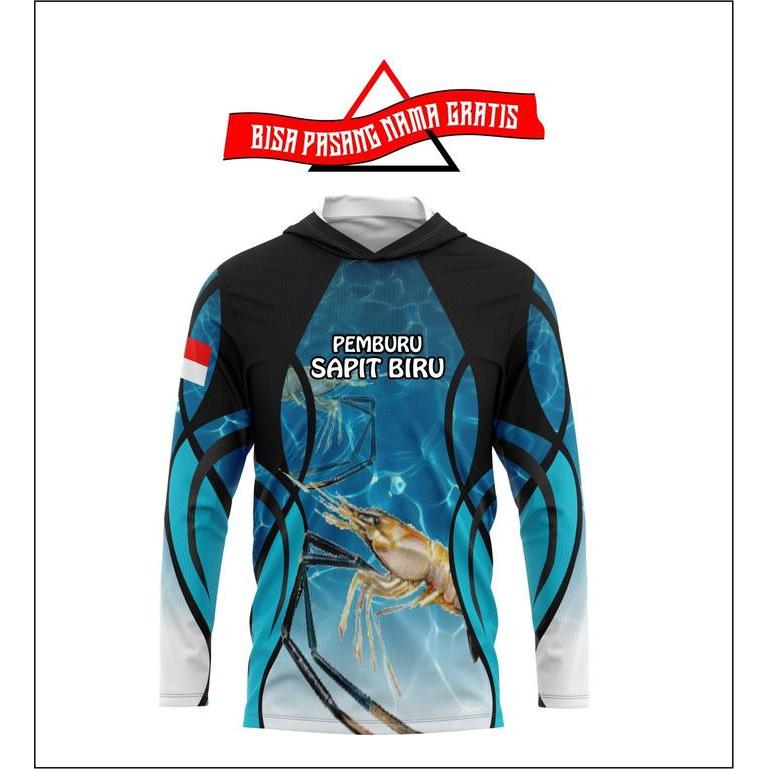 Baju Jersey mancing udang sapit biru printing custom nama dan logo