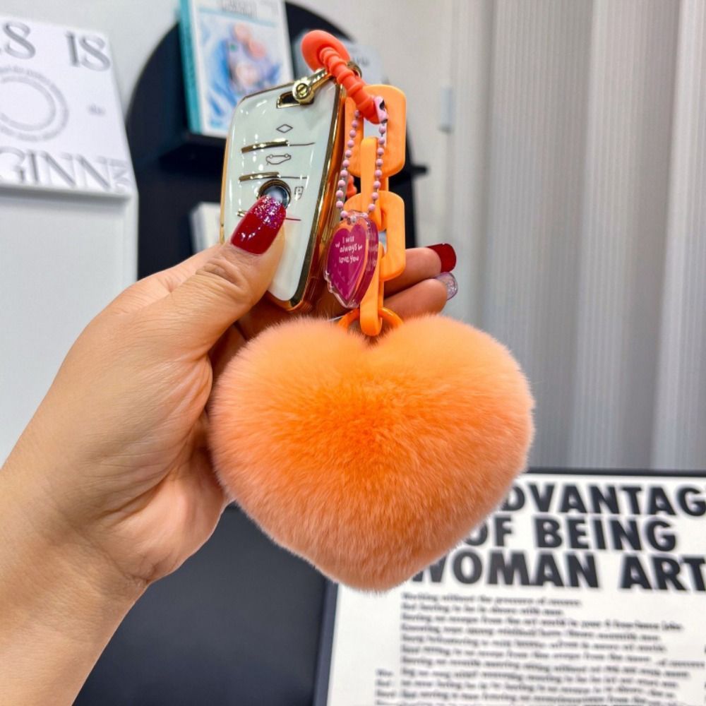 Cars Accessory Natural Fur Heart Charm Keychain Creative Soft Plush Toys Keychain Cute Silicone