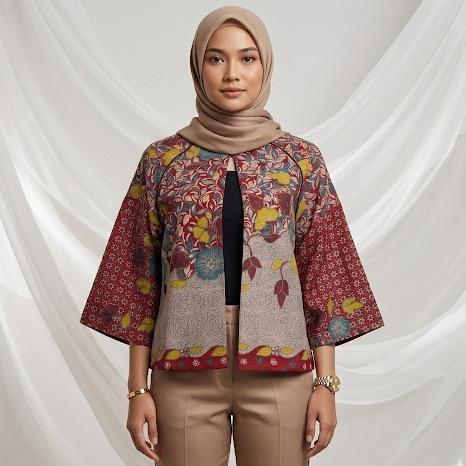 Atasan Outer Batik Wanita Katun Doby Furing Tricot Waffle Bolero Merah Maroon Formal Kerja Pesta XXL
