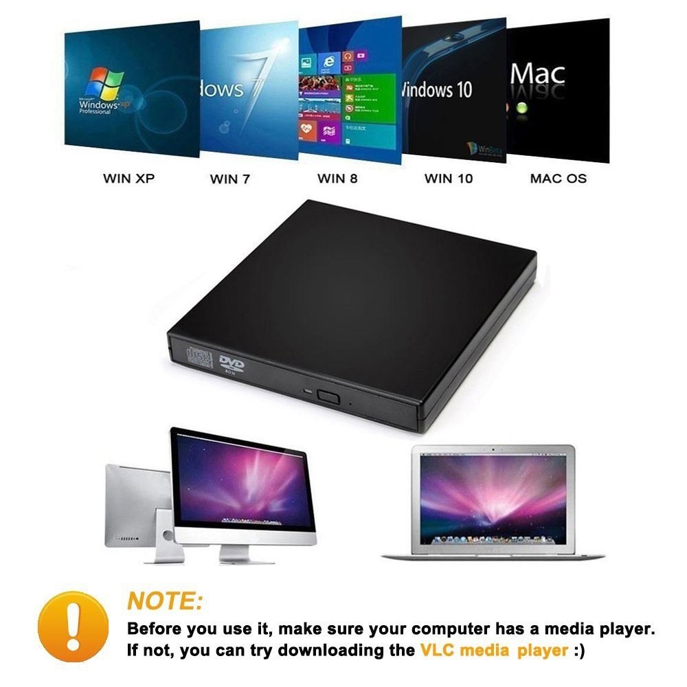 USB 2.0 External DVD Player CD Drive Mp3 Music Movies Portable Reader for Windows 7/ 8/ 10 Laptop