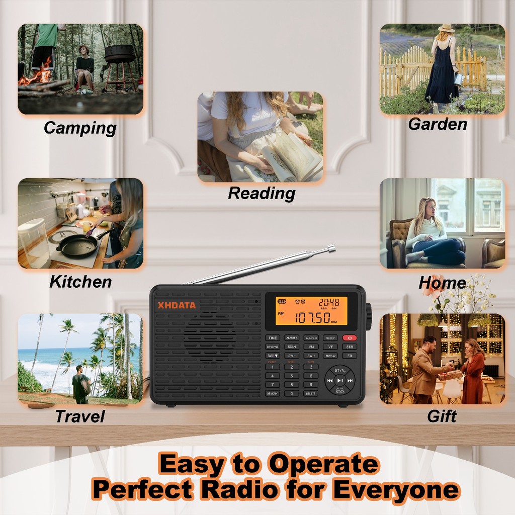 XHDATA D-109 Stereo Digital Portable Radio AM SW MW FM Radio Bluetooth Compatible Multifunctional