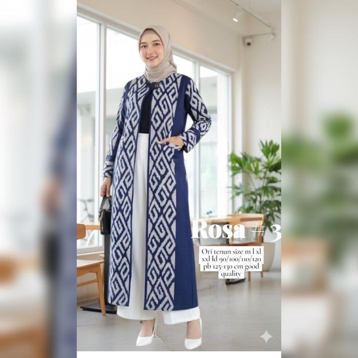 Long Outer Tenun Wanita Modern Motif Etnik Ld 110 Blazer Kardigan Kerja - Biru Putih, M