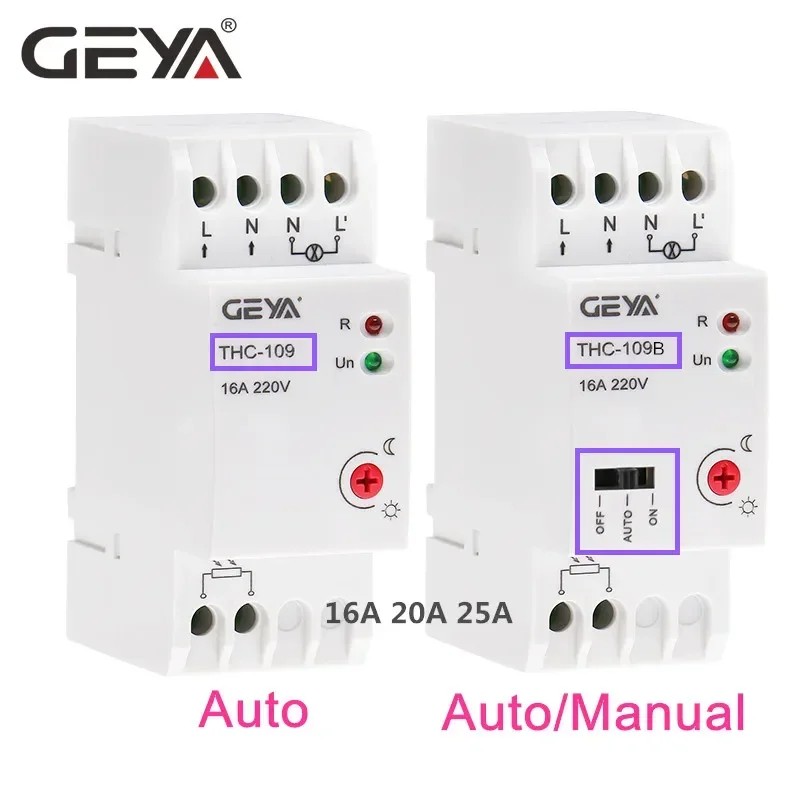 GEYA THC-109B Photocell Light Controller Switch with Sensor 16A 25A AC220V Din Rail Lamp Control