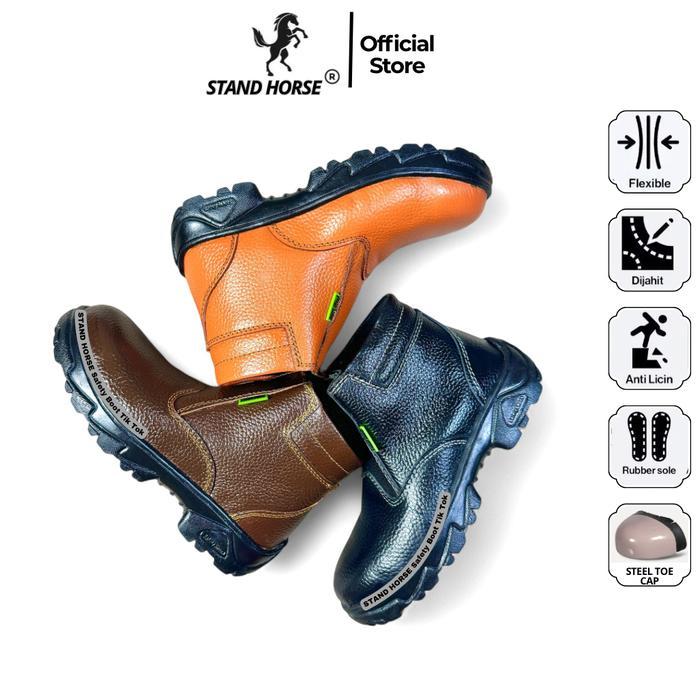 ` STAND HORSE 506 Sepatu Safety Shoes Pria Model Zipper Material Kulit Sapi Ujung Besi Outsole